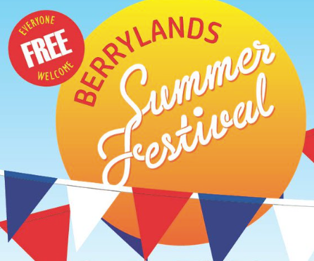 Bright yellow sun shape on a sky blue background  with red white and blue bunting in front. Words on the sun say  Berrylands Summer Festival. There is a smaller red circle with words Free, everyone welcome
