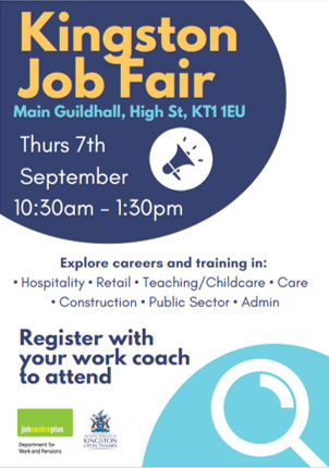 banner with details of Kingston Job Fair at Guildhall 7 September 10.30am to 1.30pm