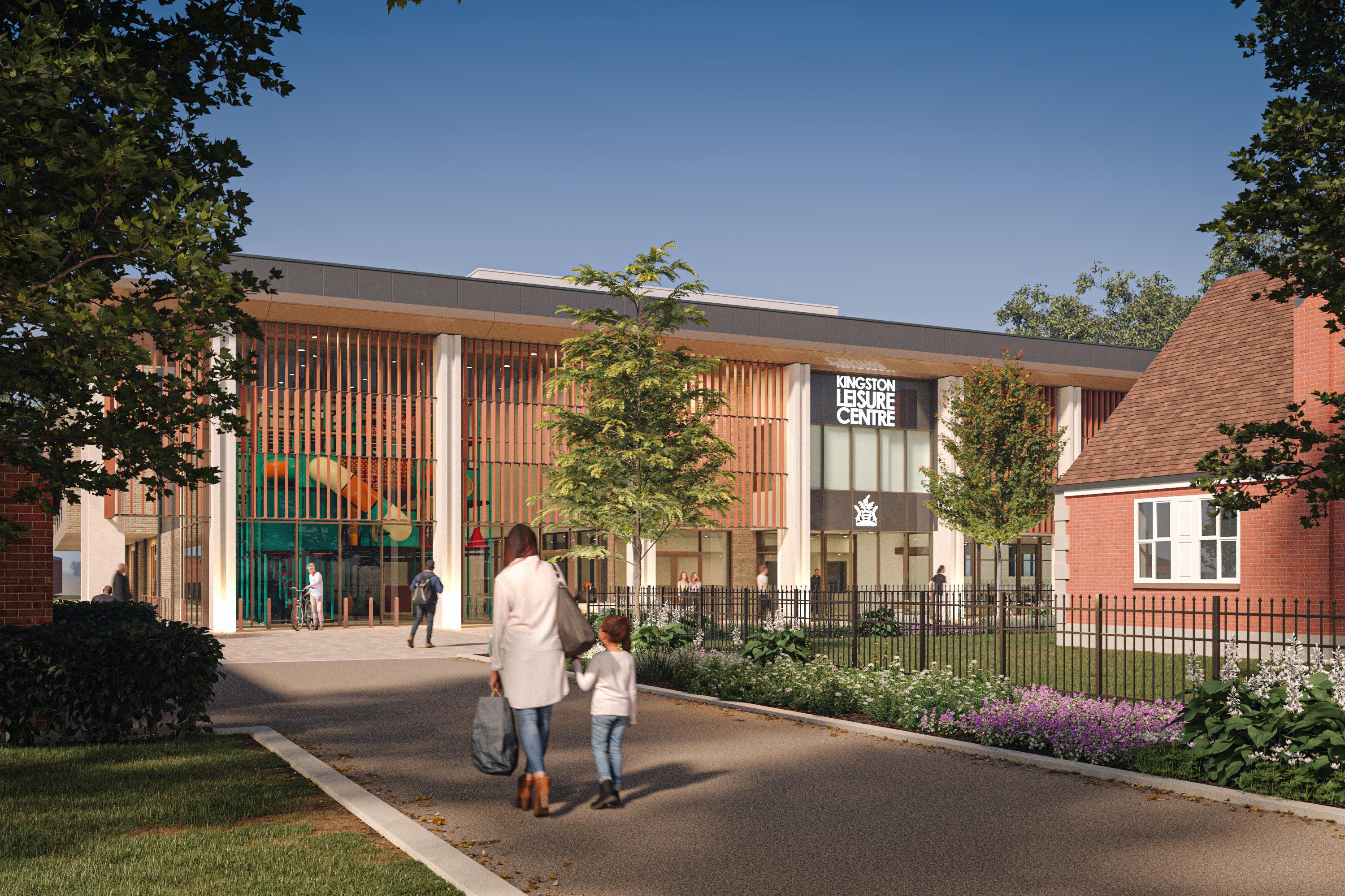 Image showing a wide pathway leading to a 2 storey building with planting and trees either side. A mother and child are walking hand in hand towards a building that has a glass front with large columns