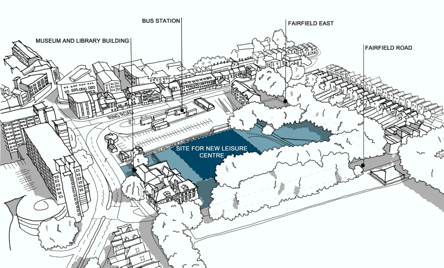 Image showing the location of the future leisure centre, at the old Kingfisher leisure centre site. Image is a map with a dark blue shaded area for the site.