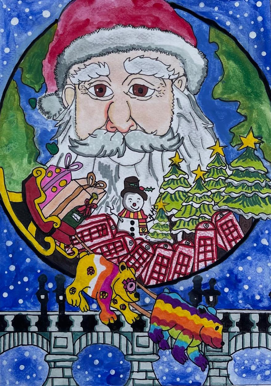 A festive illustration of a Christmas scene in Kingston. Father Christmas, Kingston Bridge, Christmas trees and more!