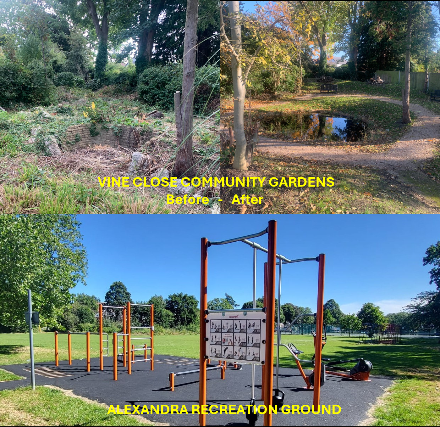 Composite of three photos. Top left Vine Close Community Gardens before and top right after restoring the gardens. Bottom is Alexandra Recreation Grounds after the installation of a play gym in the park.