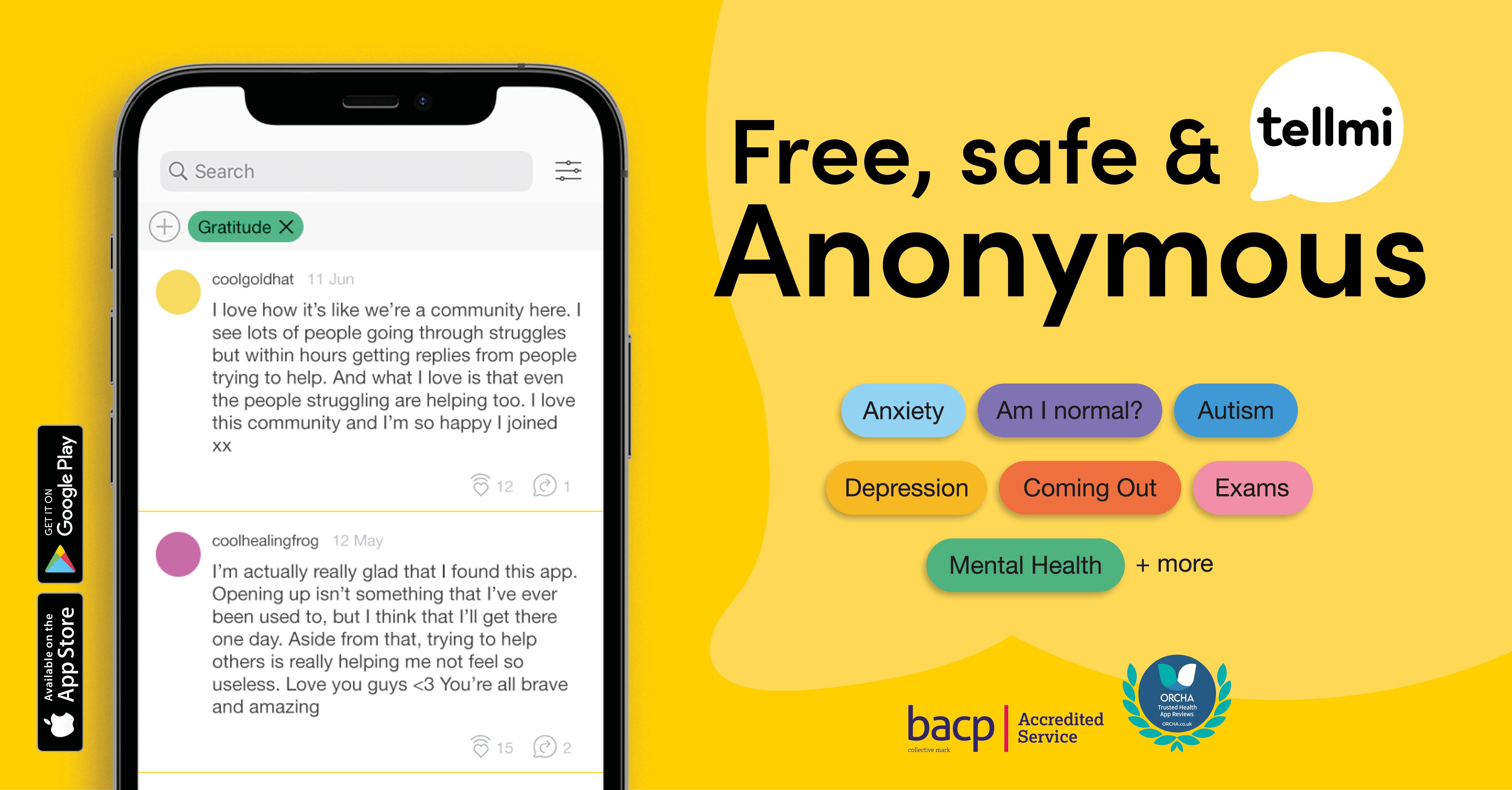 A yellow background with a smartphone showing a conversation,tellmi speech bubble logo,words say free safe and anonymous. Seven different covered lozenges with words depicting worries such as anxiety, depression, autism, coming out and exams