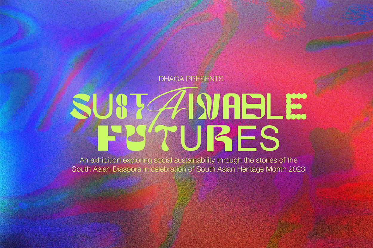 Multi-coloured blue and red background with Sustainable Futures words in yellow
