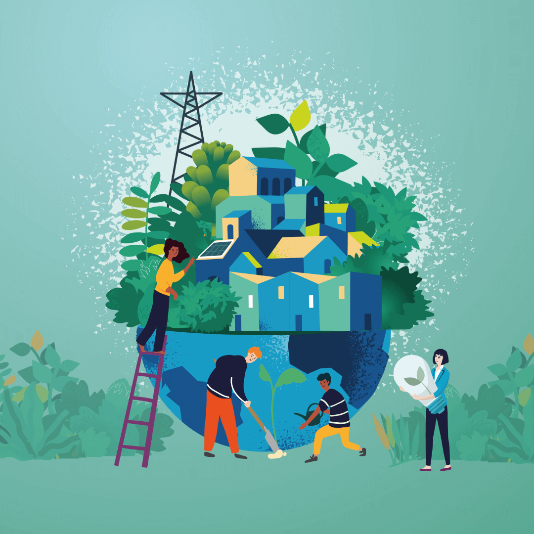 An illustration of cartoon figures undertaking various activities to help protect the planet. One lady has an energy saving light bulb, two men plant a tree and another lady is up a ladder with a solar panel.