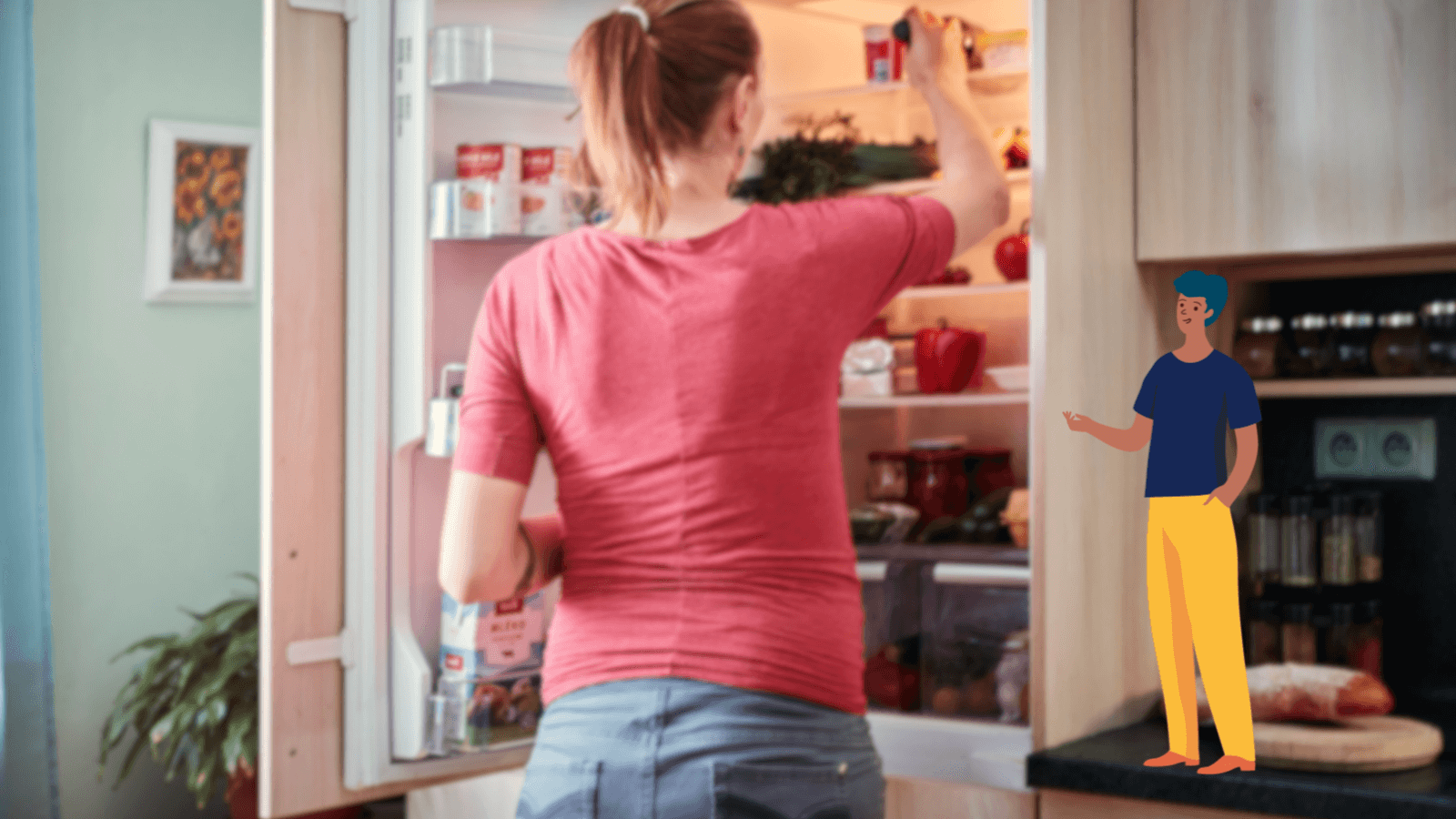 A cartoon figure with yellow trousers watches a lady in a pink top restock her fridge.