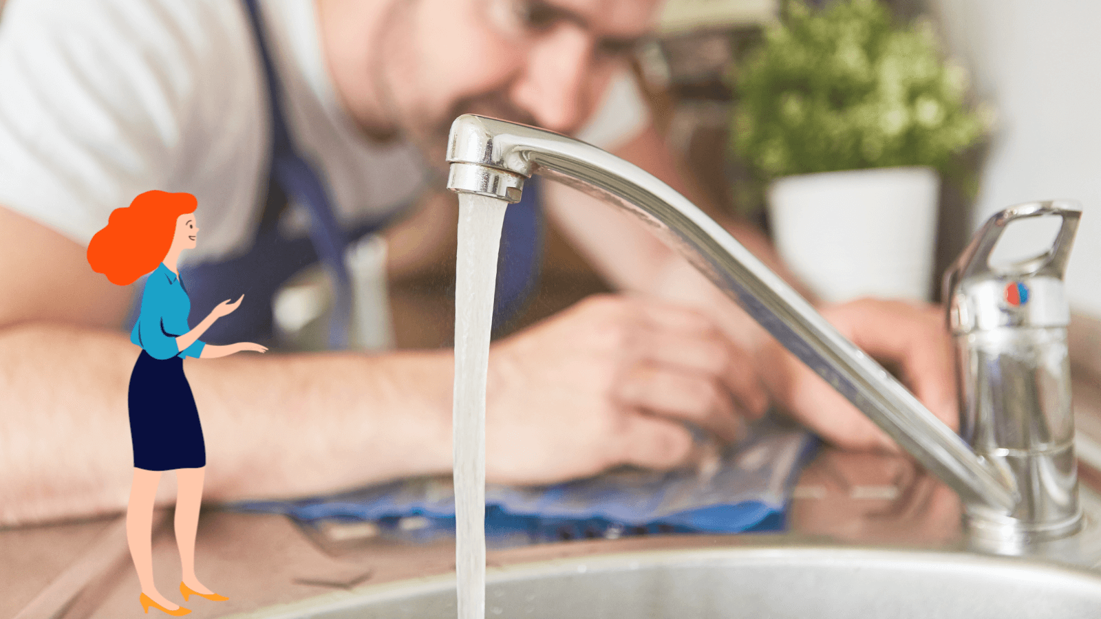 A cartoon figure or a lady with red hair watches a man fix a tap.