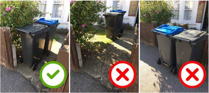 Images side by side showing three bins in various positions in a front garden.